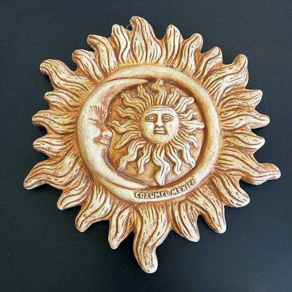 Mexican Folk Art Pottery SUN Moon Wall Plaque Hand Painted Clay 9" Terracotta - Picture 1 of 5